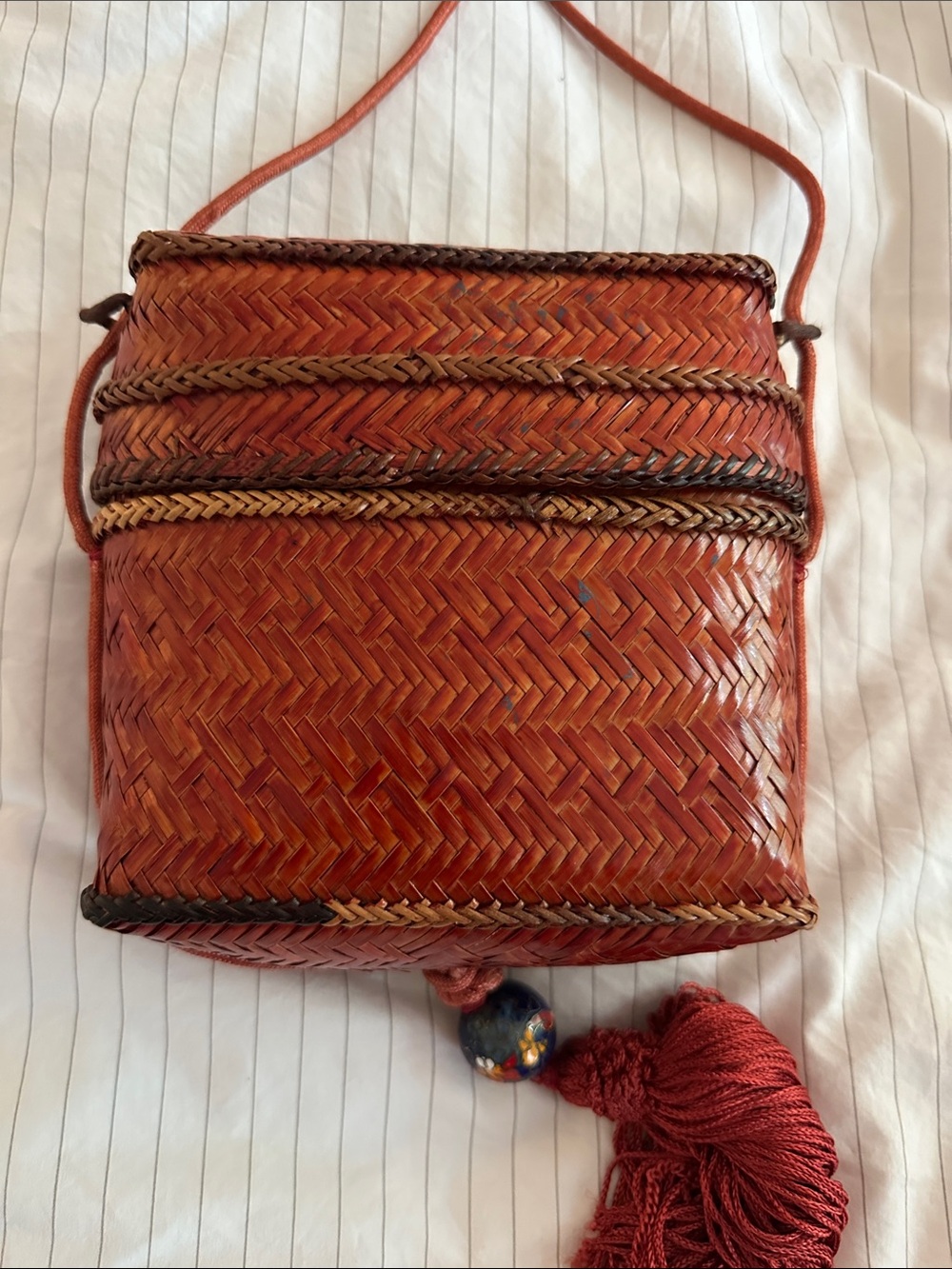 Vintage Rafael Sanchez Woven Straw Crossbody Bag w/ Oversized Tassel and Bead - Picture 6 of 6